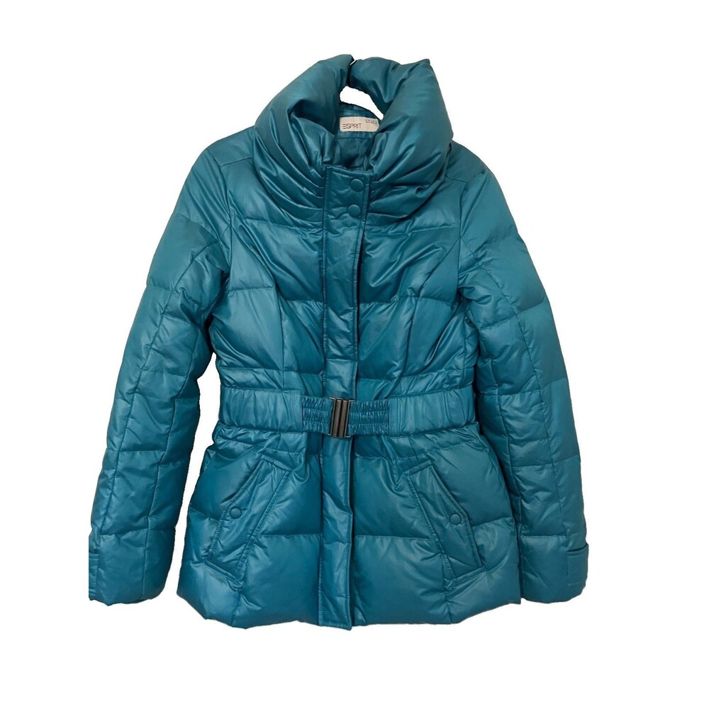 Esprit Down Feather Puffer Coat Parka Brown Quilted Teal Blue Belted Size 6